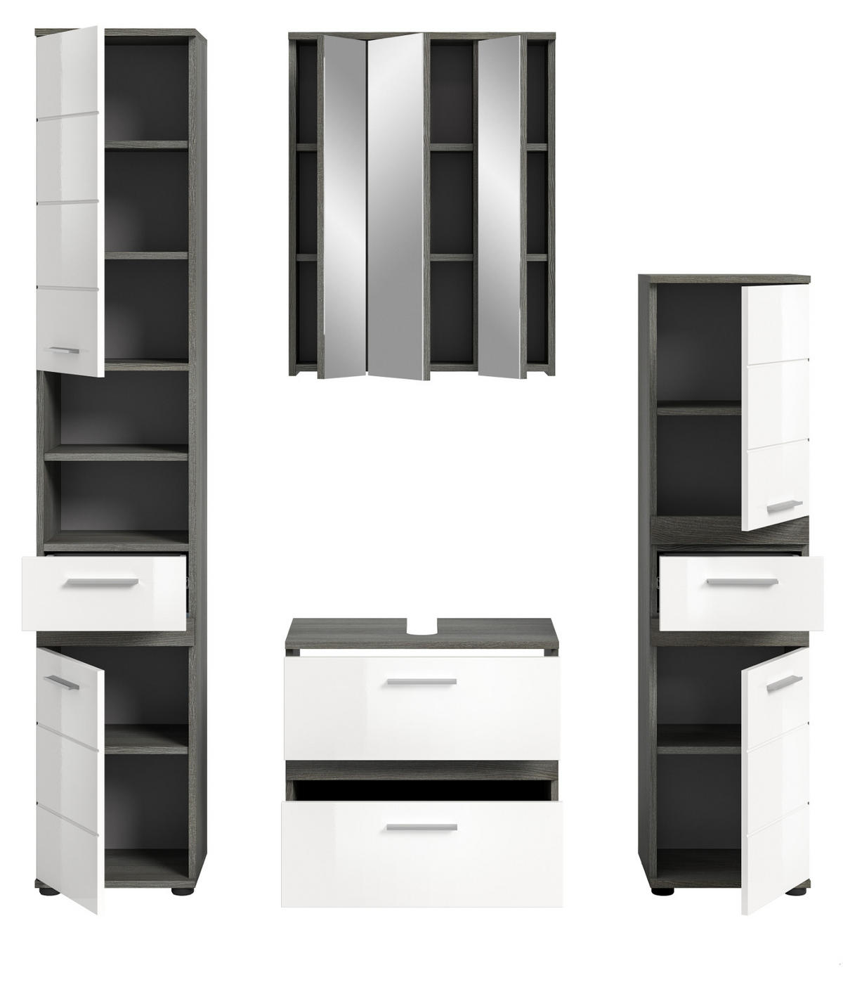 BADMÖBEL-SET weiß Hochglanz, grau 4-teilig 160 cm, Kombination mit viel Stauraum - Weiß Hochglanz/Grau, Holzwerkstoff/Metall (160/191/34cm) - Inn.Furn