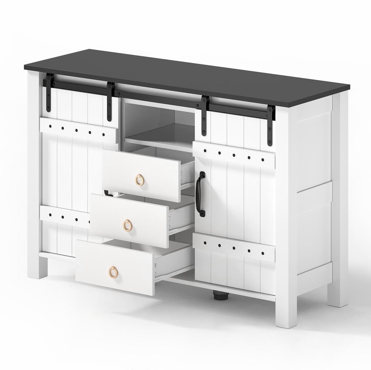 SIDEBOARD aus MDF 120x40x80 cm Weiß mit Schiebetüren und 3 Schubladen im Landhausstil - Weiß, Holzwerkstoff (120/80/40cm) - Modfu