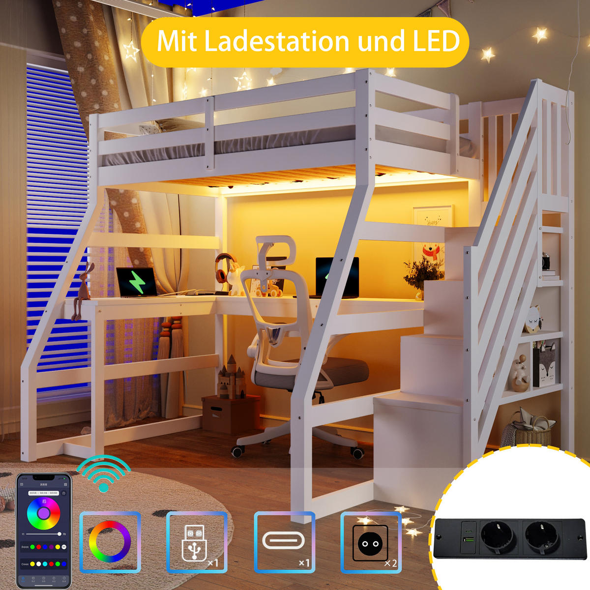HOCHBETT 90/200 cm in Weiß Kinderbett mit Schreibtisch, Stauraumtreppe, LED und USB - Weiß, Holzwerkstoff (90/200cm) - STILVORA