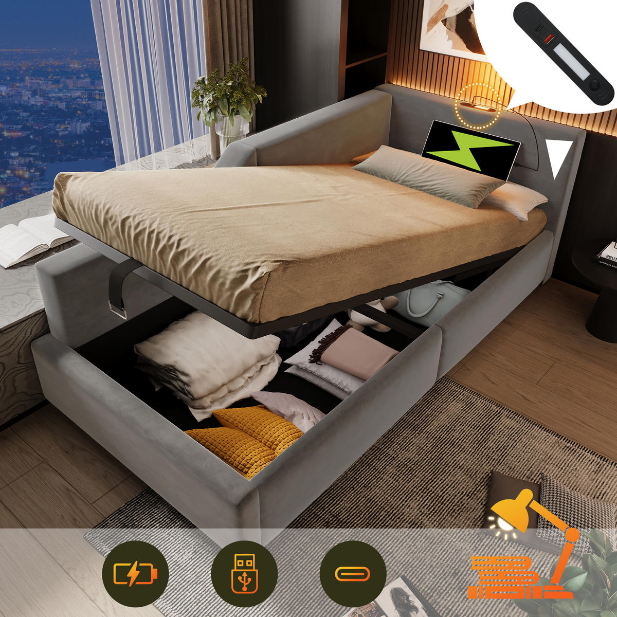 POLSTERBETT Tagesbett 90/200 cm Grau mit hydraulischem Stauraum und Leselampe - Grau, Textil (90/200cm) - OKWISH