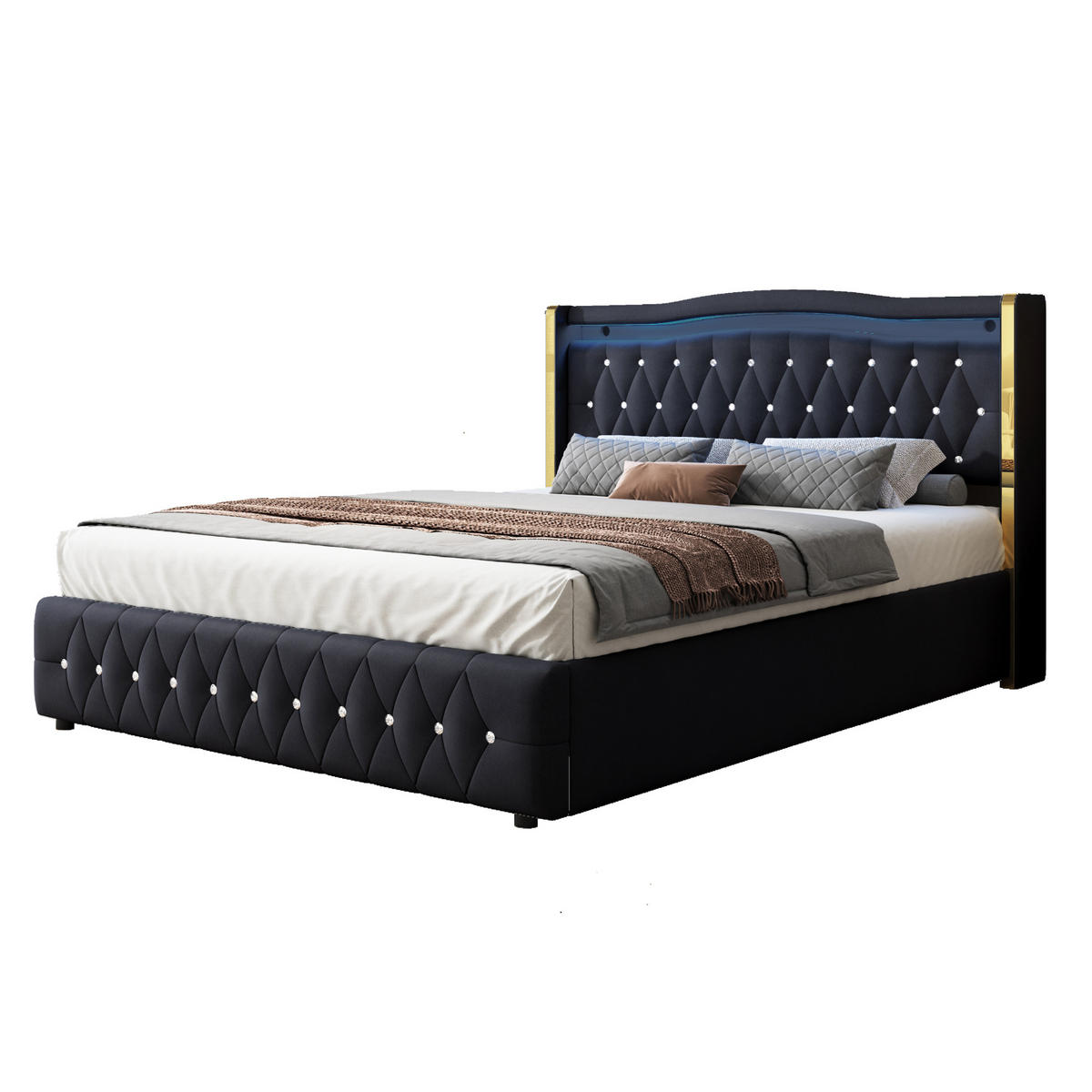 POLSTERBETT 160/200 cm schwarz mit hydraulischem Stauraum und farbwechselnder LED-Beleuchtung - Schwarz, Textil (160/200cm) - OKWISH