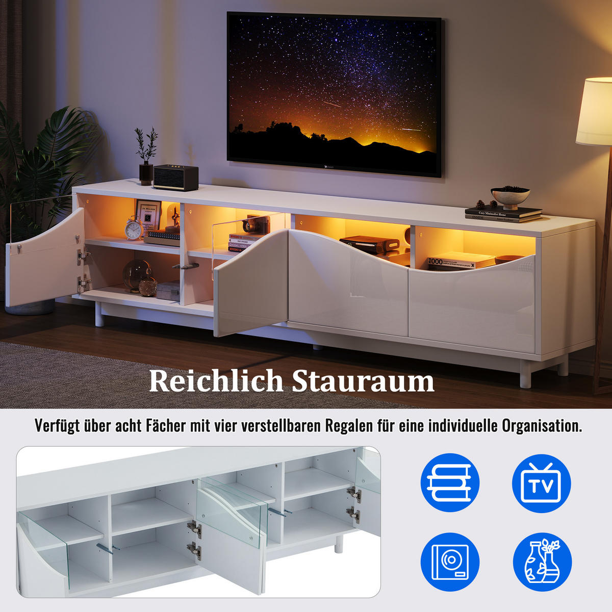 LOWBOARD 175/38/51 cm Weiß aus MDF mit LED-Beleuchtung - Weiß, Holzwerkstoff (38/51/175cm) - OKMYHOME