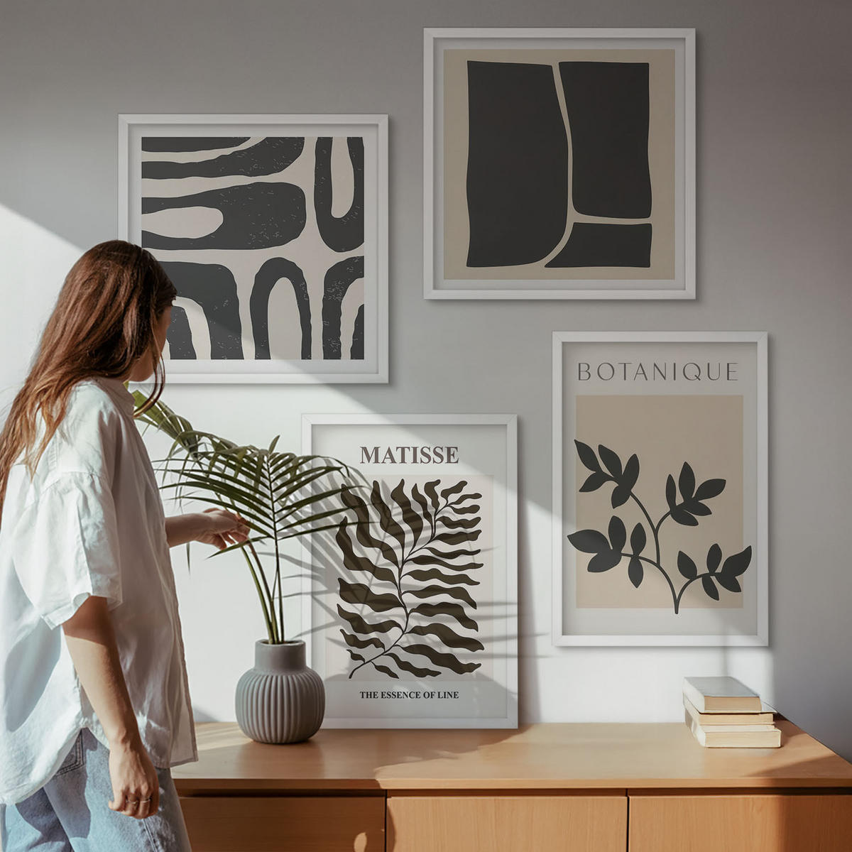BILDER SET 4er Set - 50x50 cm & 40x60 cm Weißer Rahmen - Minimalistische Pflanzenposter - Weiß, Kunststoff (50/50cm) - TULUP