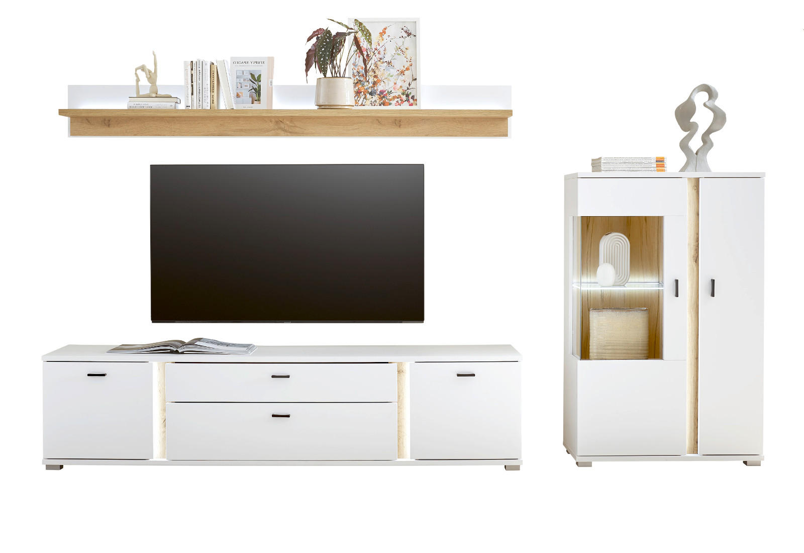 WOHNWAND weiß matt, Wotan Eiche, Wohnkombination inklusive Frontbeleuchtung 290 cm - Eiche Wotan/Weiß, Holzwerkstoff/Metall (290/170/42cm) - Furn.Design