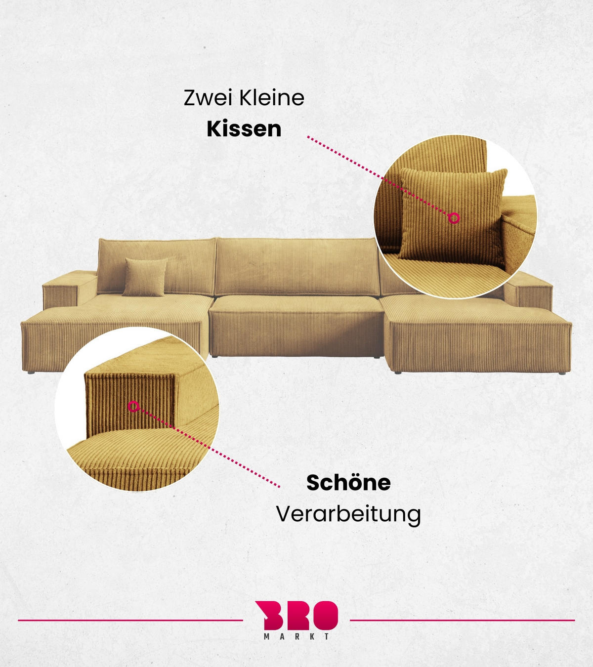 WOHNLANDCHAFT Pablo U mit Schlaffunktion Gelb Cord - Gelb, Textil (398/85/148cm) - Bromarkt