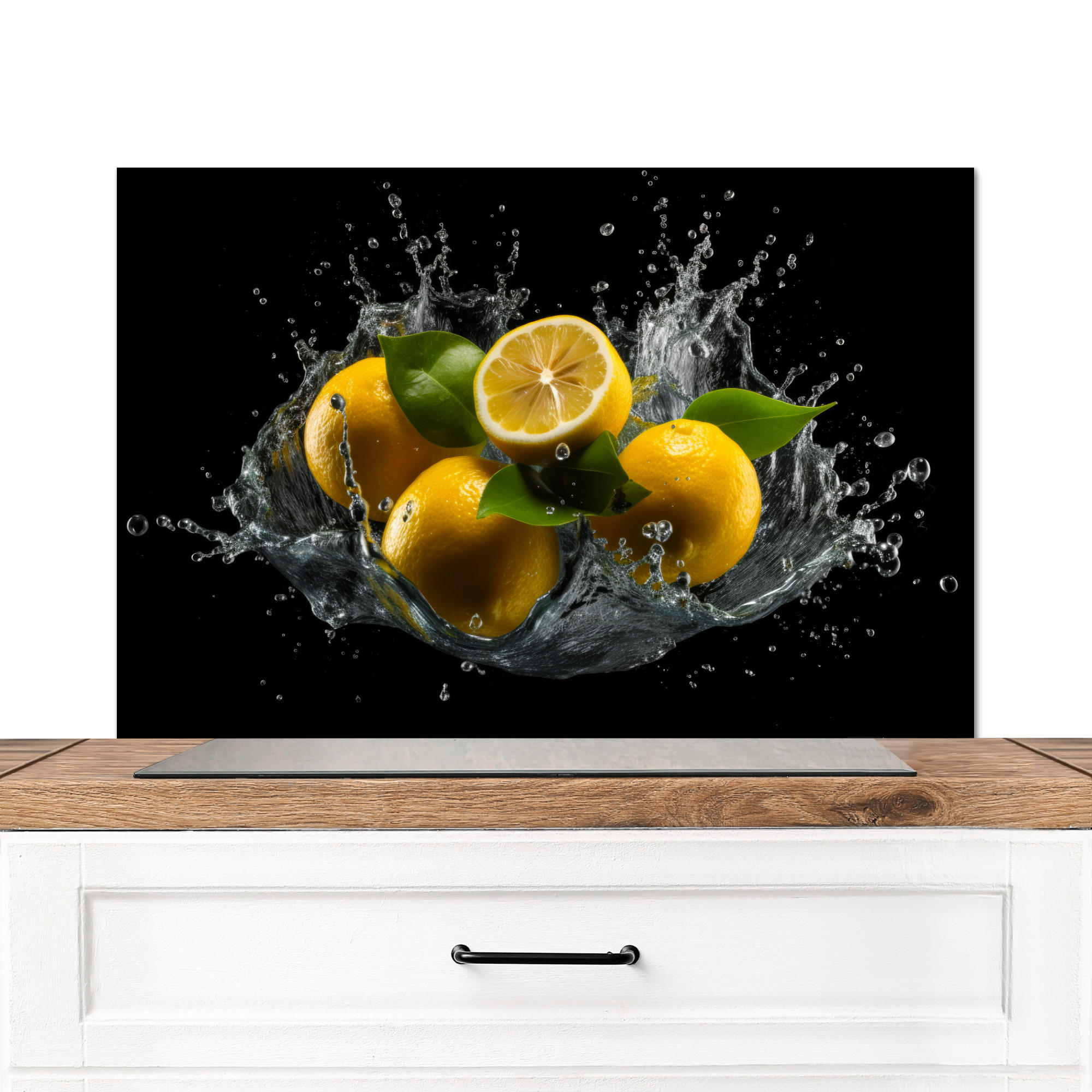 SPRITZSCHUTZ KÜCHE Zitrone - Obst - Gelb - Schwarz 90x60 cm - Gelb, Metall (90/0.3/60cm) - MuchoWow
