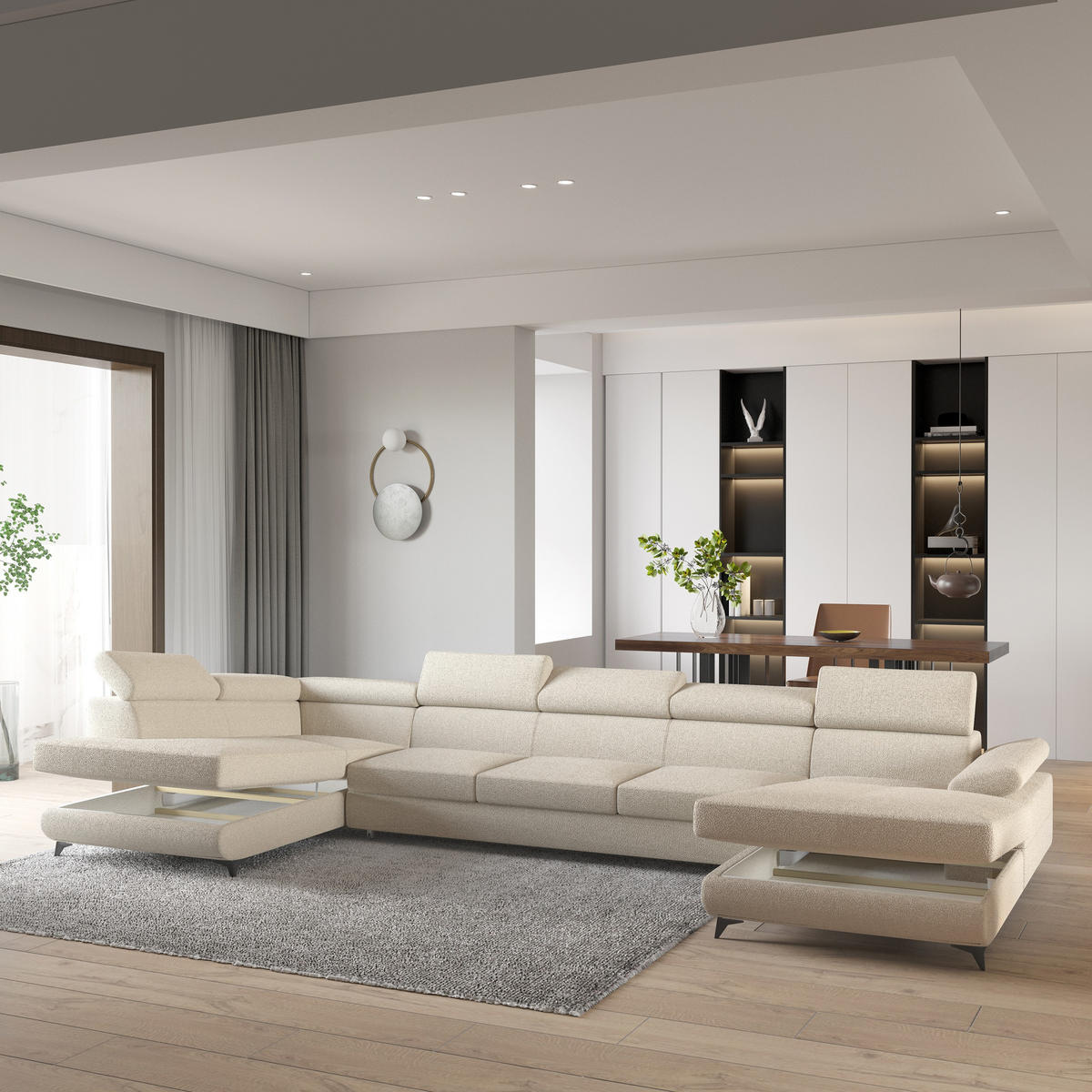 WOHNLANDSCHAFT MONTIVA Creme Boucle-Stoff mit Schlaffunktion - Creme, Holz (410/89/190cm) - MASSENO