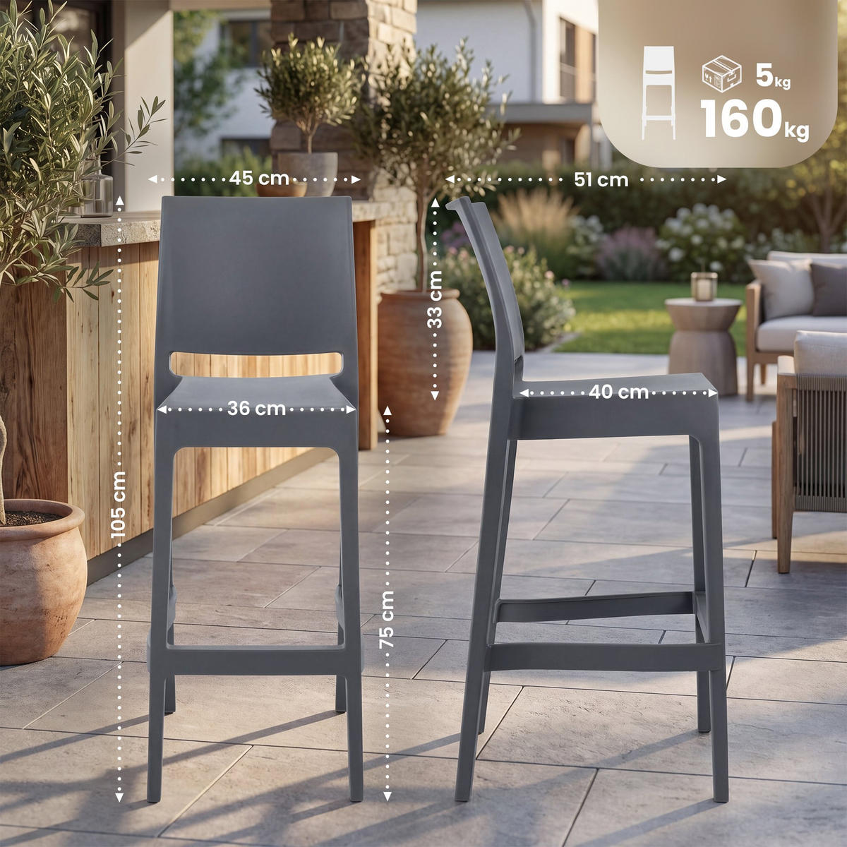 BARHOCKER 4er Set Kunststoff dunkelgrau - Dunkelgrau, Kunststoff (45/105/51cm) - CLP