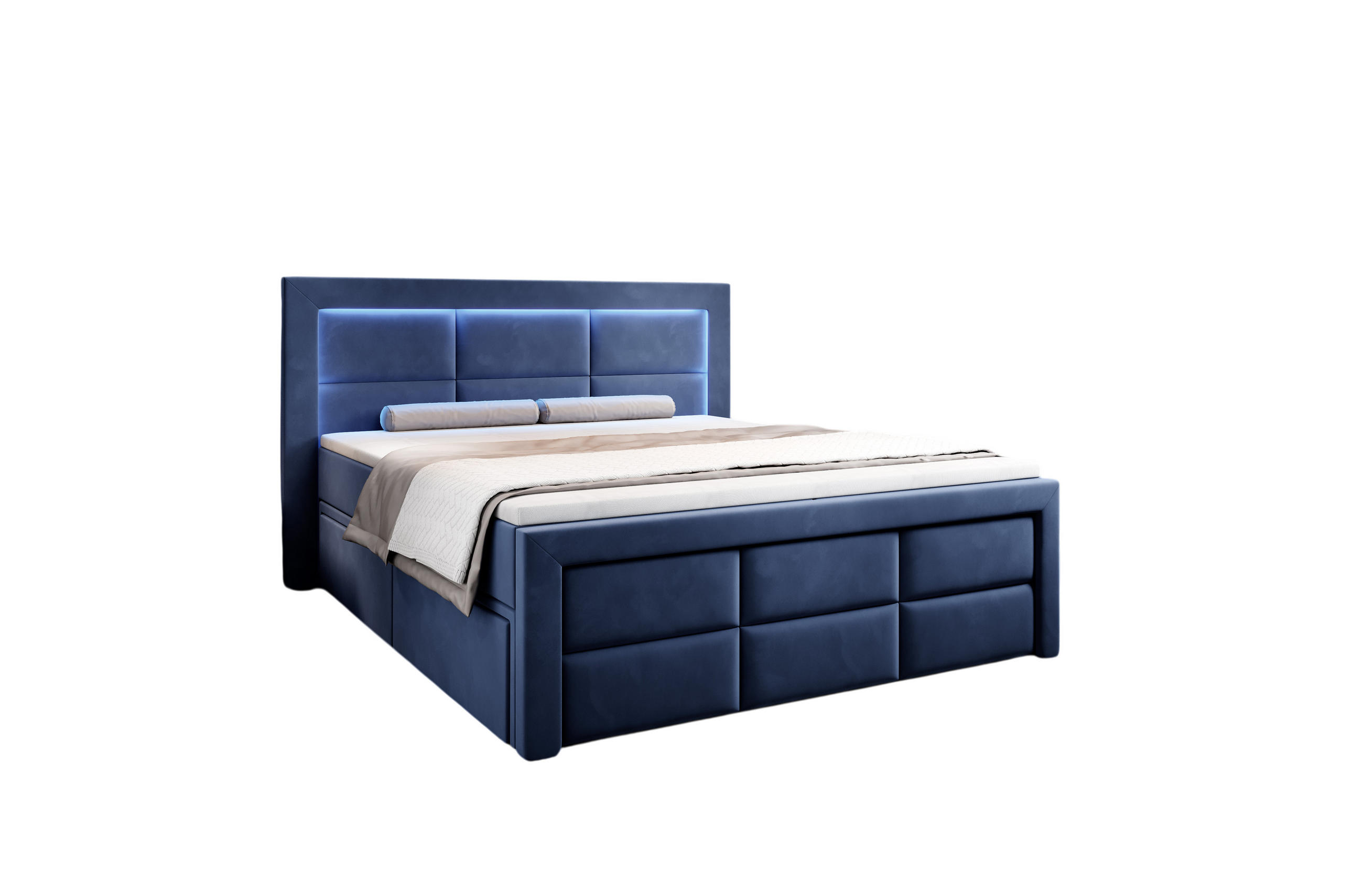BOXSPRINGBETT Aspen mit Schubladen und Topper, LED-Beleuchtung, Samt, 180x200 cm, Dunkelblau - Dunkelblau, Holz - PROMETO Möbel