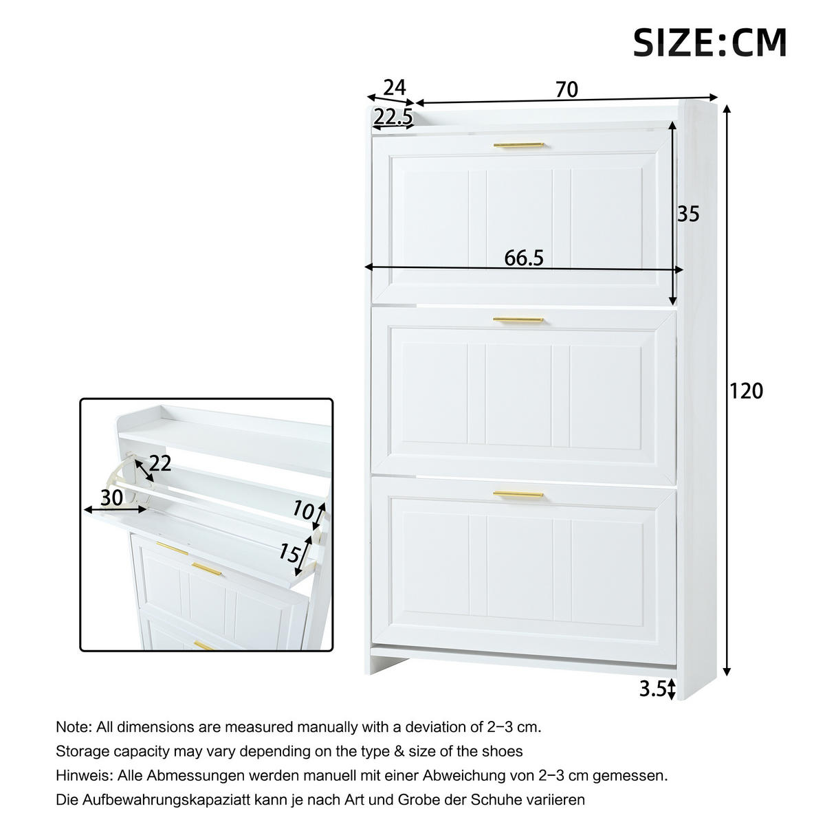 SCHUHSCHRANK mit Klappen 70/24/120 cm in Weiß, schmales Design mit 6 Fächern - Weiß, Holzwerkstoff (70/120/24cm) - BEAOK