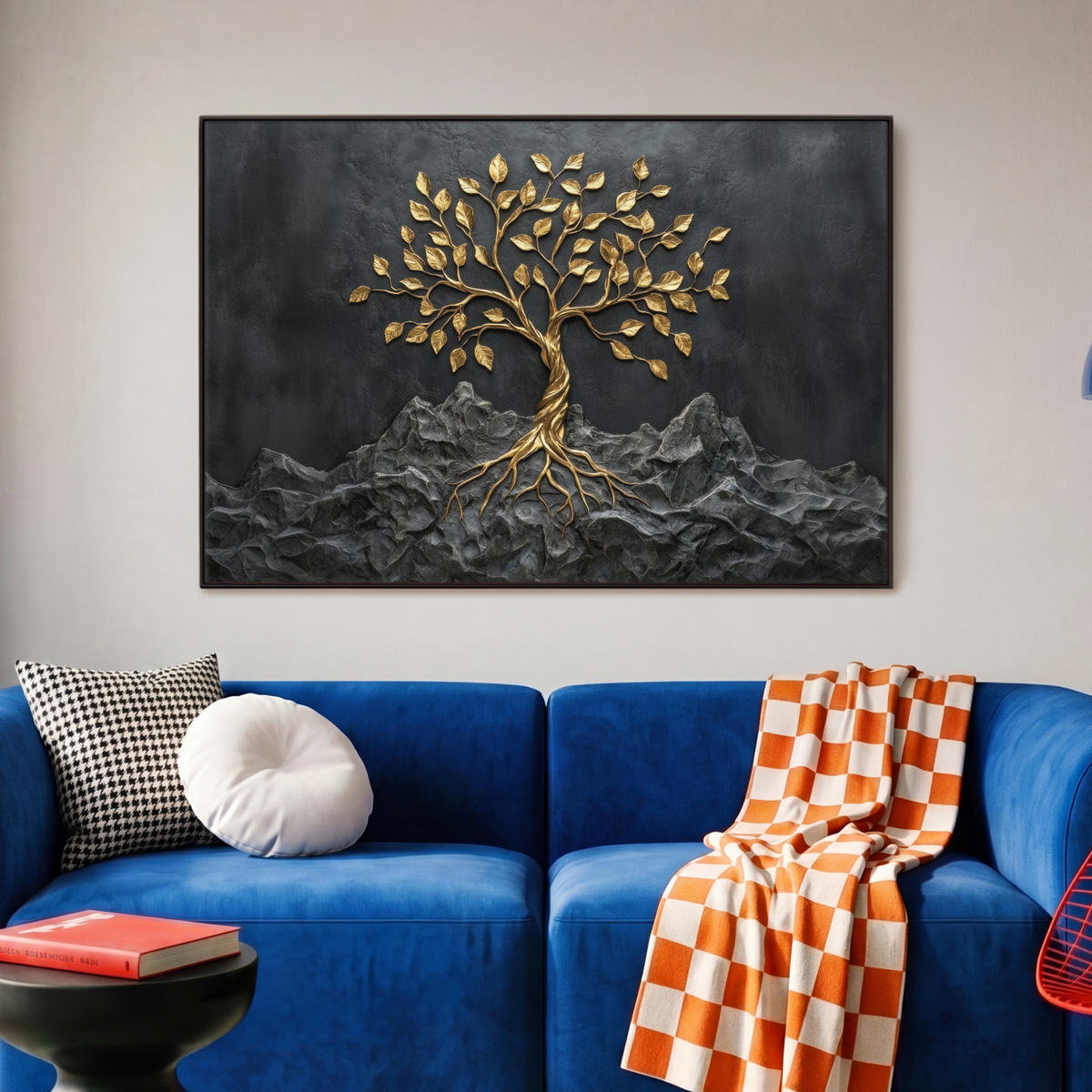 LEINWAND Bilder mit Rahmen - Blätter - Gold - Baum - Fels - 90x60 - Schwarz, Textil (90/60cm) - MuchoWow