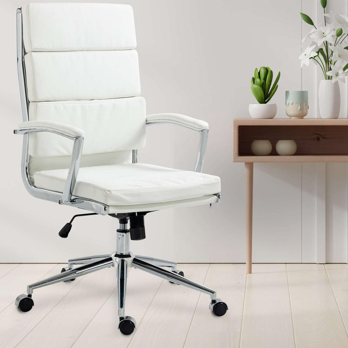 BÜROSTUHL Cyron Kunstleder weiß - Chromfarben/Weiß, Metall (61/115/65cm) - TPFLiving