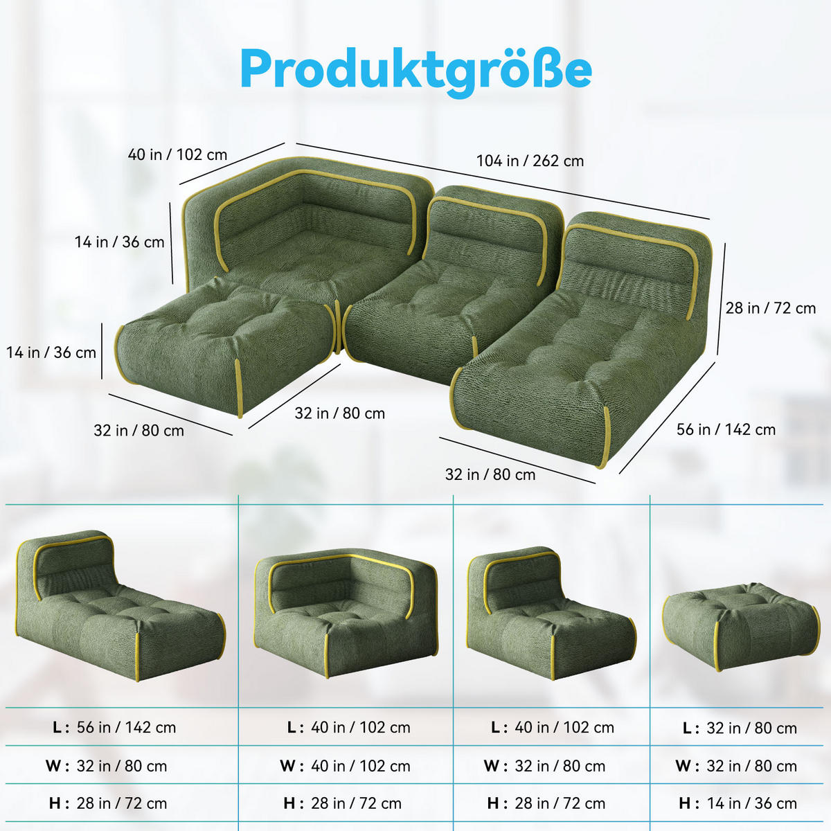 MODULARES Sofa in Grün - Grün, Textil (262/72/142cm) - Vercart