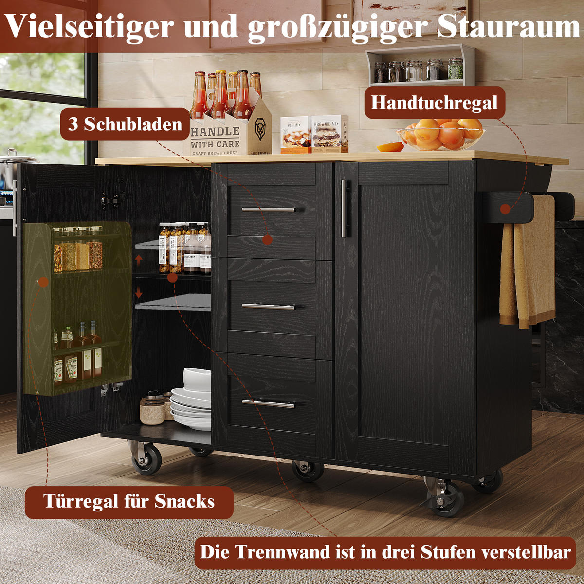 KÜCHENWAGEN 135x74x87.2cm Schwarz mit Klappseiten, 3 Schubladen, Snackregal & 5 Rollen - Schwarz, Holzwerkstoff (135/87.2/74cm) - Modfu