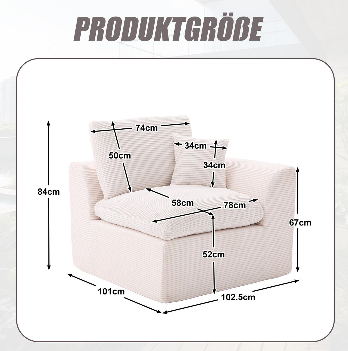 SESSEL aus Cord 101x102,5x84 cm Beige mit Kissen, ohne Montage und hohem Sitzkomfort - Beige, Textil (101/84/102.5cm) - Modfu