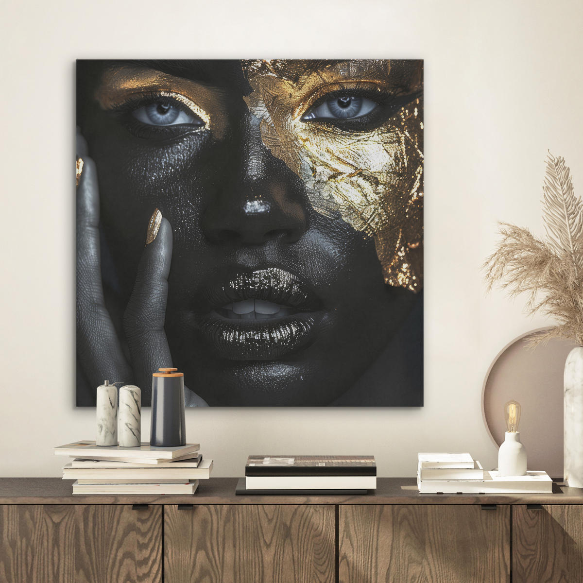 AKUSTIKBILD Frau - Gold - Porträt - Schwarz-Weiß - Luxus Wandbilder 60x60 cm - Hellblau, Kunststoff (60/60/0.9cm) - MuchoWow