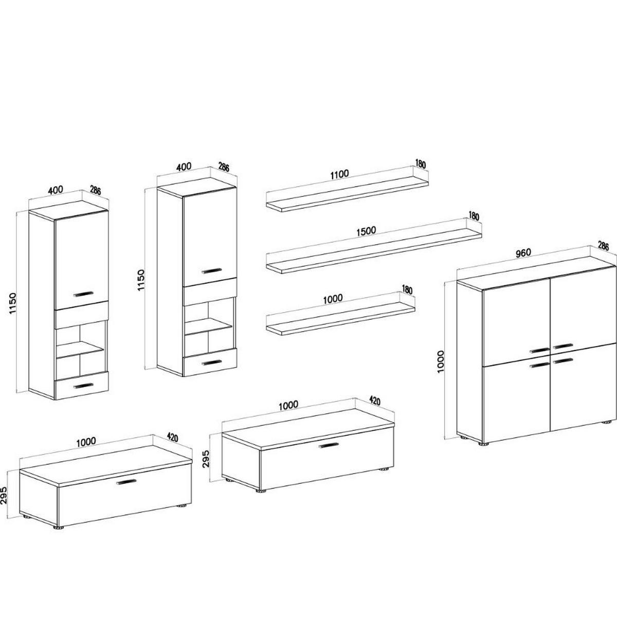 WOHNWAND mit LEDs, weiß, schwarz lackiert, 300/42/189cm - Weiß Hochglanz/Schwarz, Holzwerkstoff/Kunststoff (300/189/42cm) - Skraut Home