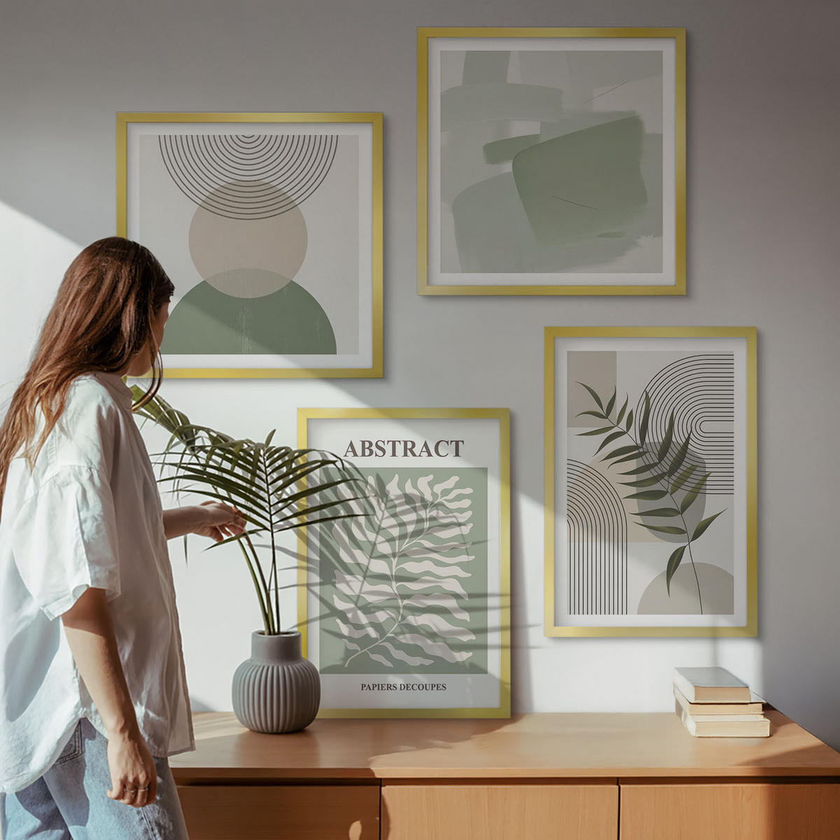 BILDER SET 4er Set - 50x50 cm & 40x60 cm Goldrahmen - Botanische Boho-Abstraktionen - Goldfarben, Kunststoff (50/50cm) - TULUP