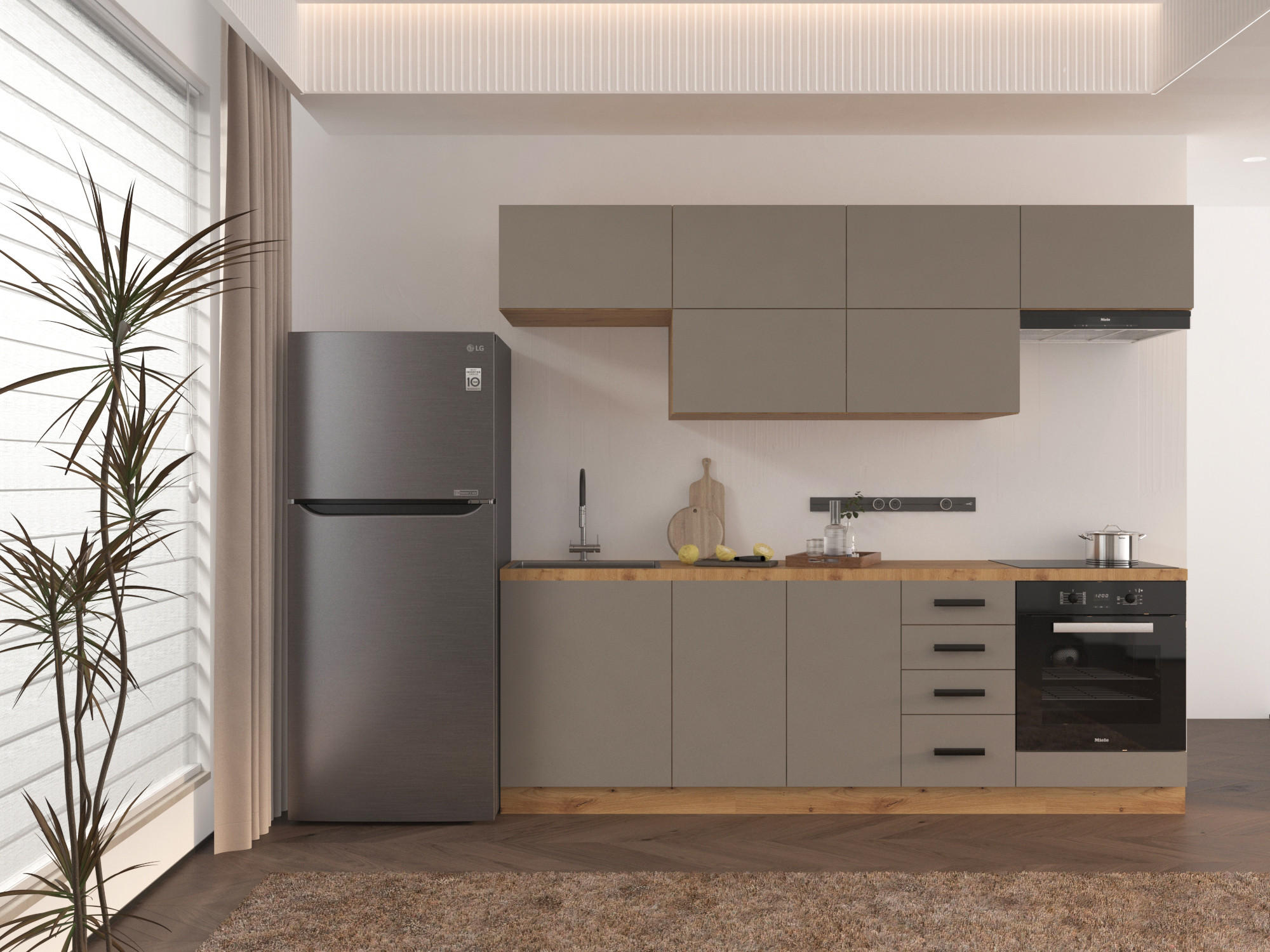 KÜCHENZEILE 240 - Langen KL2-M240 in Beige/Matt - Beige/Schwarz, Holz/Metall (240/212/58cm)