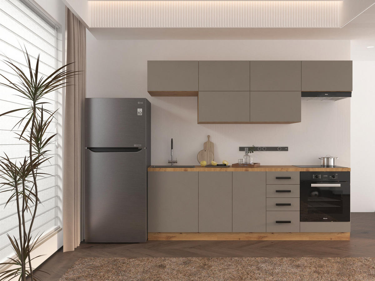 KÜCHENZEILE 240 - Langen KL2-M240 in Beige/Matt - Beige/Schwarz, Holz/Metall (240/212/58cm)