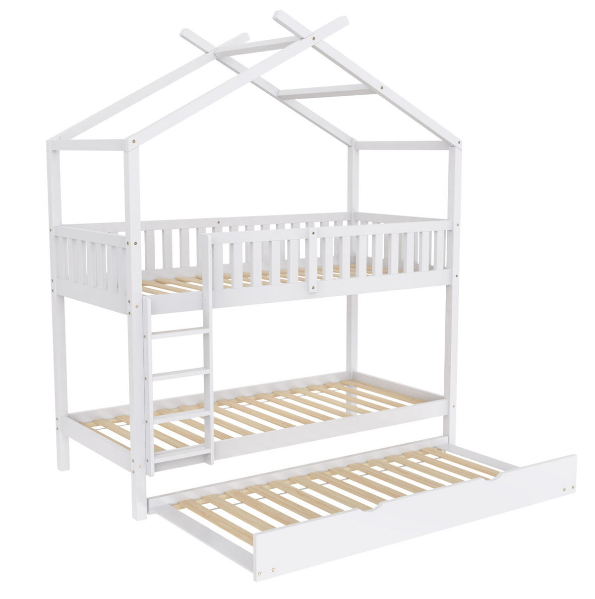 HAUSBETT 90/200 cm Weiß aus Kiefernholz mit Ausziehbett und 3 Schlafplätzen - Weiß, Holz (90/200cm) - Flora Grace