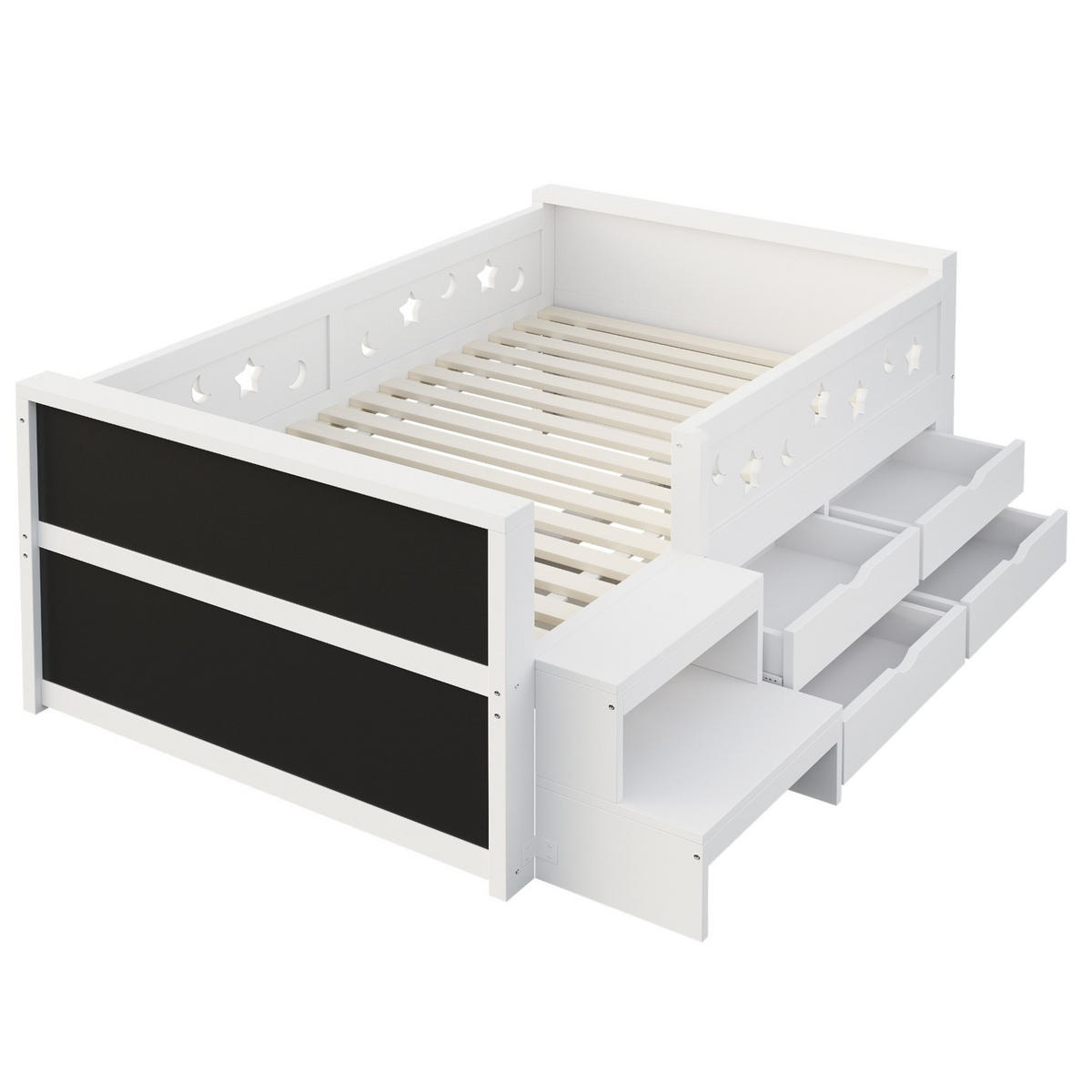 KINDERBETT Holz 90x200 cm Weiß mit LED, Tafel, 4 Schubladen und Sicherheitsgitter - Weiß, Holz (90/200cm) - Modfu