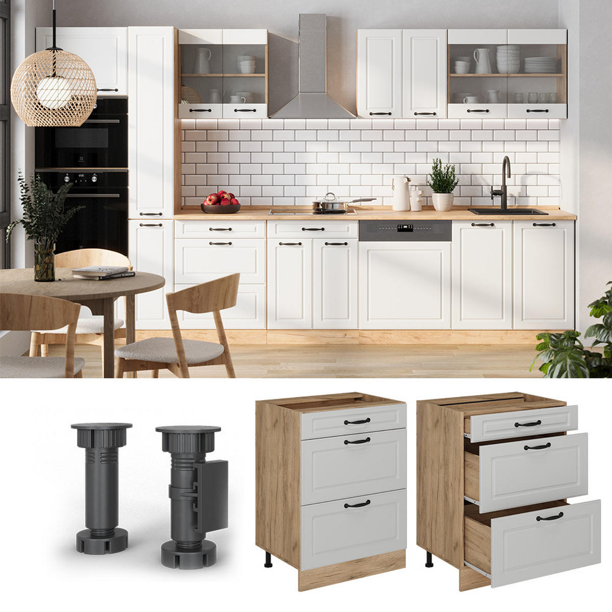 KÜCHENUNTERSCHRANK R-Line Weiß Landhaus 60 cm mit Schubladen, AP Anthrazit - Honigeiche/Eiche Wotan, Holzwerkstoff (60/81.6/60cm) - Vicco