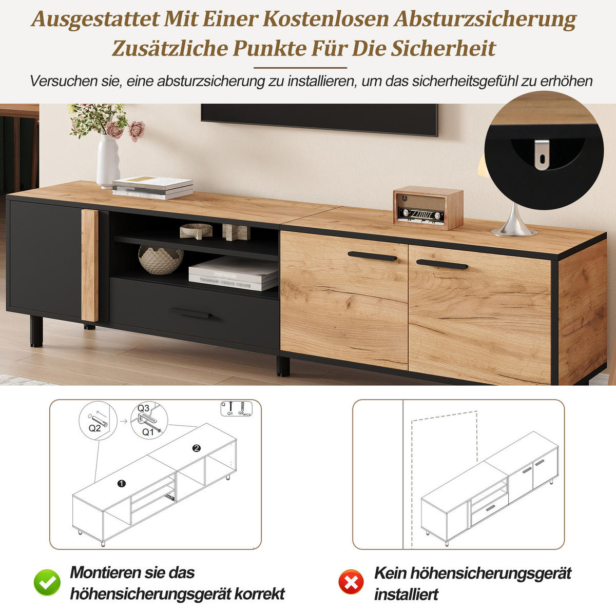 TV-LOWBOARD aus Spanplatte 180x32,5x50 cm Schwarz/Holzoptik mit 3 Türen, 1 Schublade und 5 Standfüßen - Schwarz, Holzwerkstoff (180/50/32.5cm) - Modfu