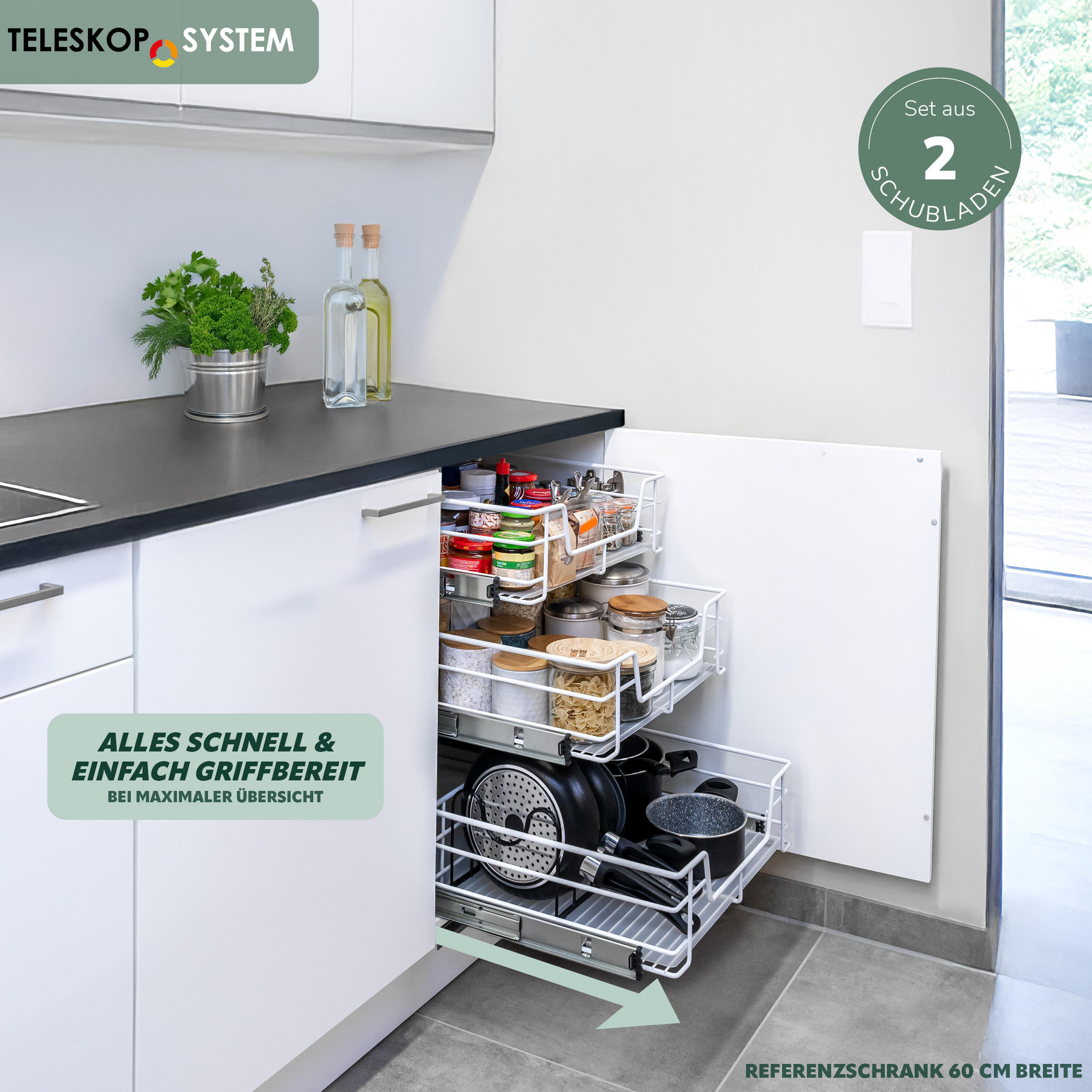 TELESKOPSCHUBLADEN (2er Set), für 50 cm Schrank, Metall, Weiß - Chromfarben, Metall (47/14/44cm) - bremermann