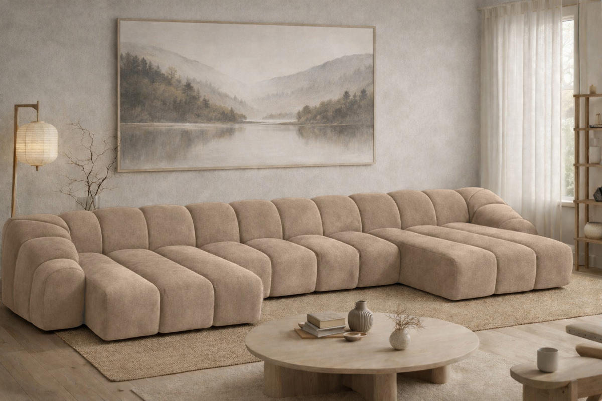ECKSOFA Modulare U-Form, Veloursstoff Bluvel, Latte, CROISSANT U XL - Hellbraun, Holz (448/72/190cm) - Kaiser Möbel