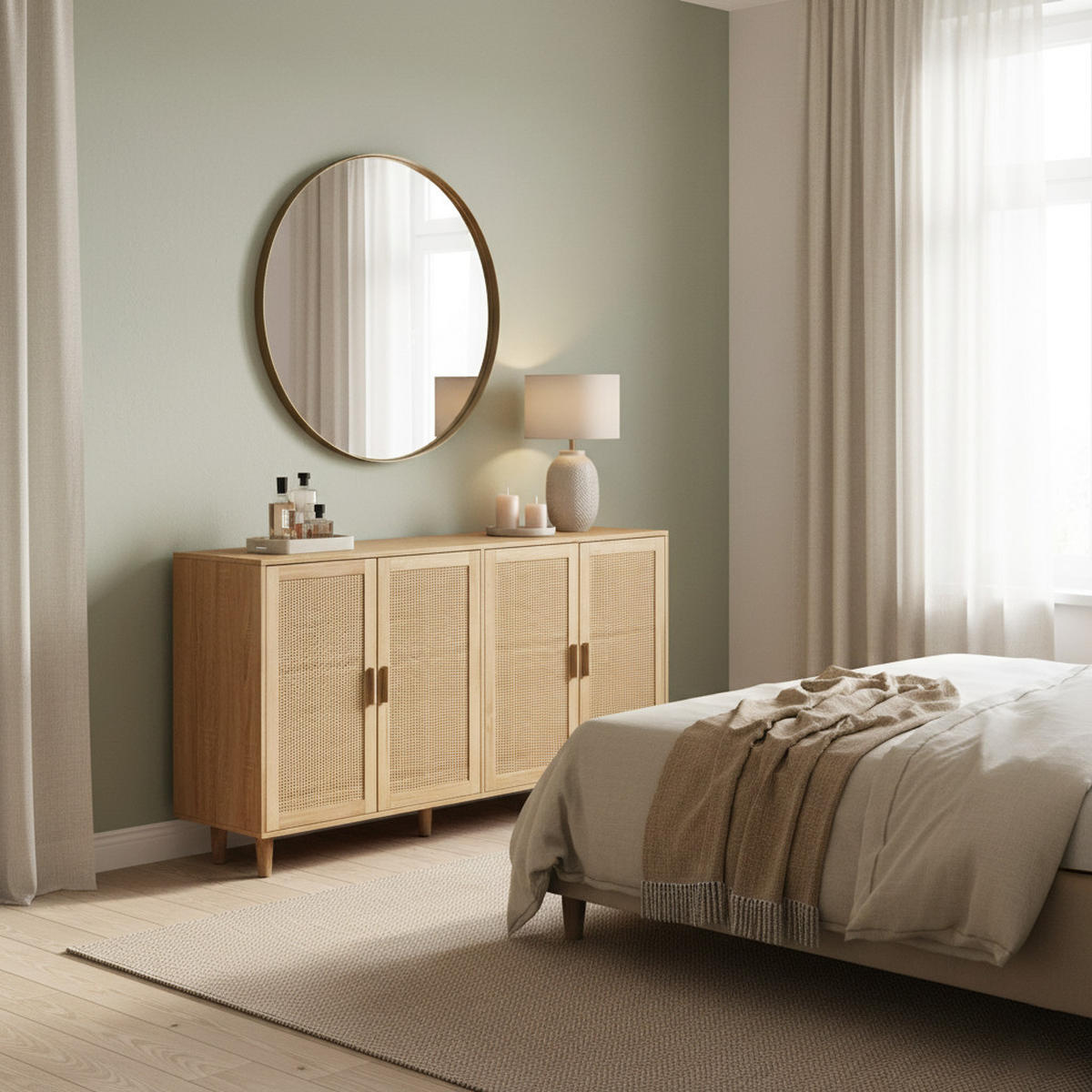 SIDEBOARD Rattanoptik Natur mit 4 Türen & Massivholzbeinen - Eiche San Remo, Holzwerkstoff (158/88/40cm) - Urban Meuble