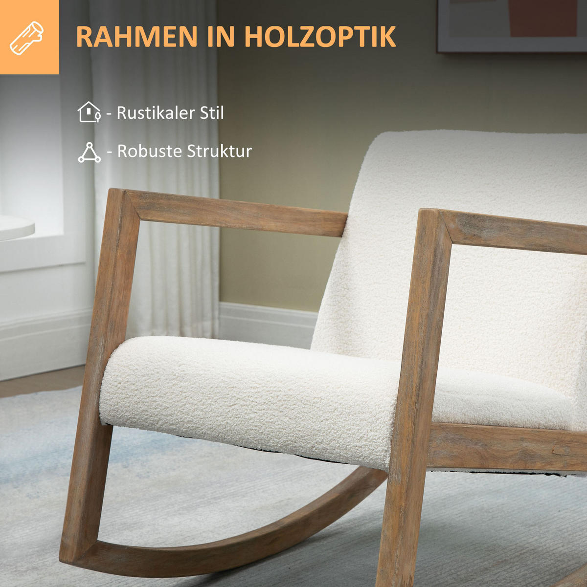 SCHAUKELSTUHL 81/60/71 cm cremeweiß aus Kautschukholz gepolstert - Creme, Textil (81/71/60cm) - OKWISH