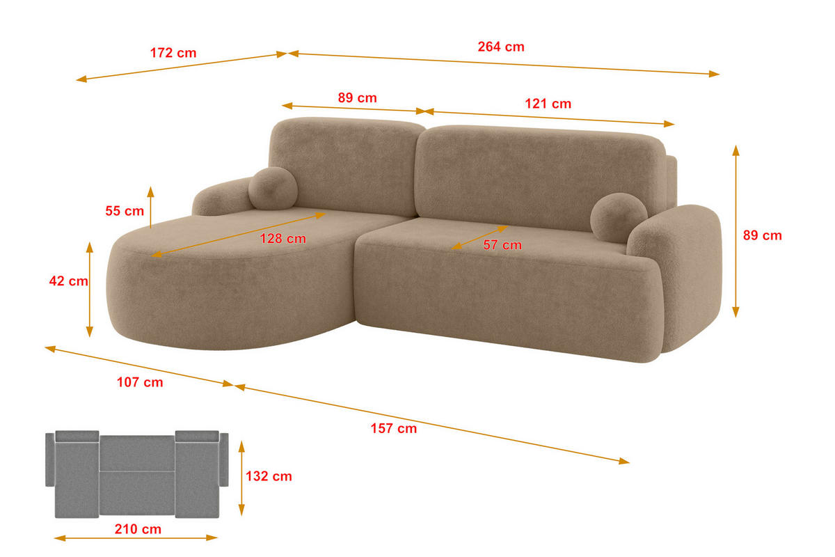 ECKSOFA mit Schlaffunktion und Bettkasten LIRA-L - 264x172x89 Beige - Beige, Holzwerkstoff/Textil (264/172cm) - ALTDECOR