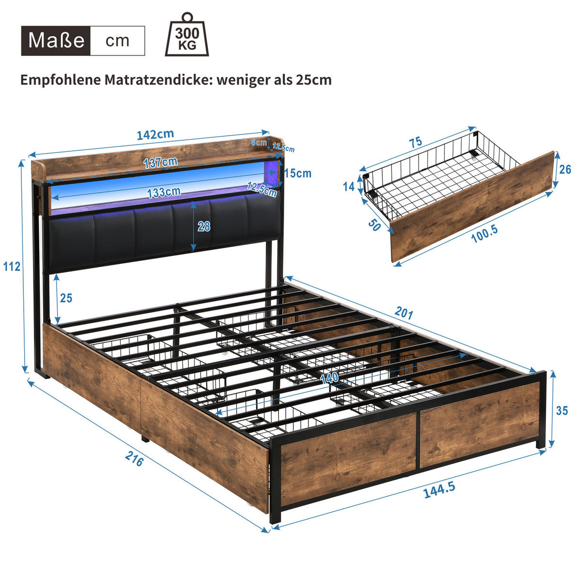 POLSTERBETT 140/200 cm Schwarz mit LED-Beleuchtung und 4 Schubladen - Schwarz, Kunststoff (140/200cm) - OKWISH