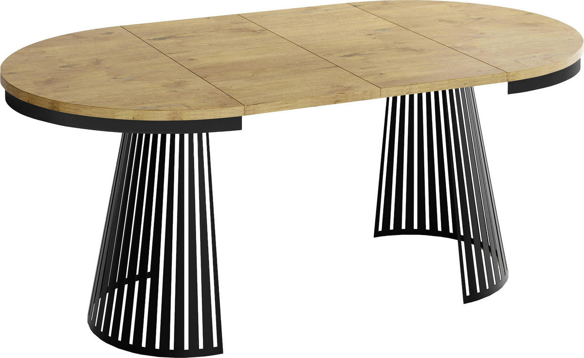 ESSTISCH Naro rund ausziehbar mit Schwarzem Lamellen-Metallgestell, Braun 100-180/100/76 cm - Eichefarben/Schwarz, Holzwerkstoff/Metall (100/176/76cm) - WFL GROUP