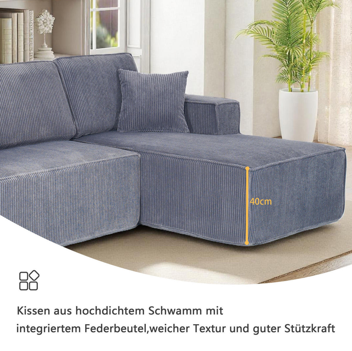 ECKSOFA 235/128/60 cm grau aus Cordstoff modular mit Chaiselongue - Grau, Textil (128/235cm) - OKWISH