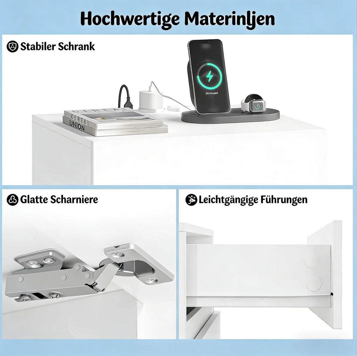 NACHTTISCH 40/35/55 cm in Weiß mit LED-Beleuchtung und Ladestation - Weiß, Holzwerkstoff (35/55/40cm) - Flora Grace