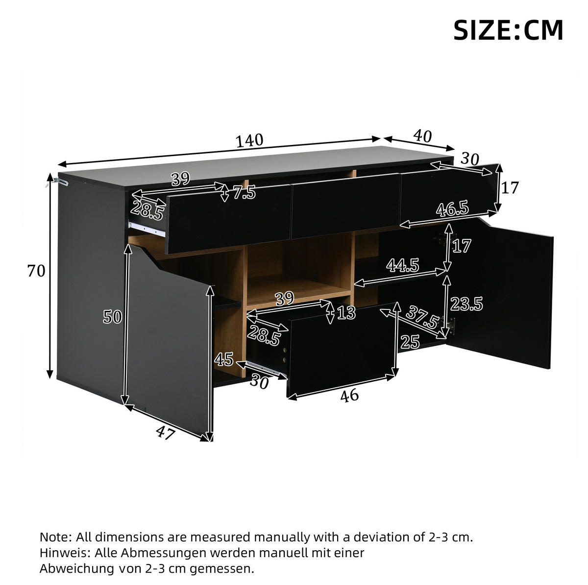 SIDEBOARD 140/40/70 cm mit LED-Beleuchtung, 4 Schubladen und 2 Türen, Hochglanz-Front, Schwarz/Naturholz - Schwarz, Holzwerkstoff (140/70/40cm) - Redom