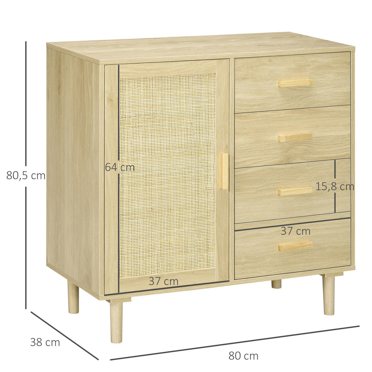 SIDEBOARD Naturfarben, 1 Tür, 4 Schubladen, 80/38/80,5 cm - Naturfarben, Holz (80/80.5/38cm) - PANGIVO