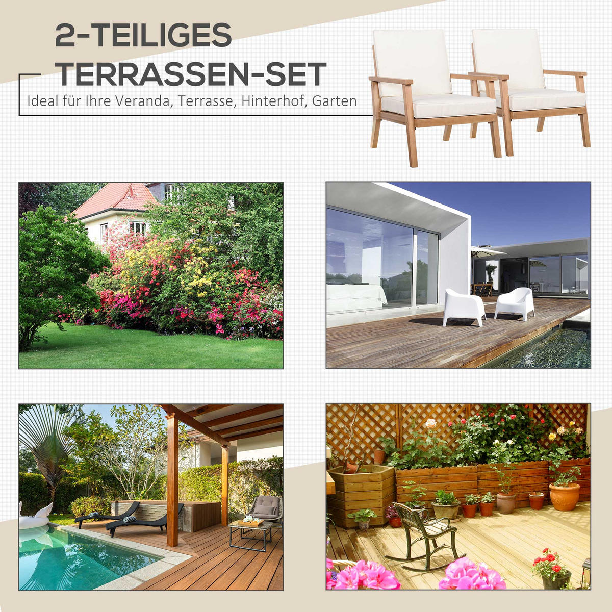 GARTENMÖBEL Set, Pappelholz, Braun+Beige - Beige/Braun, Holz/Kunststoff - Outsunny