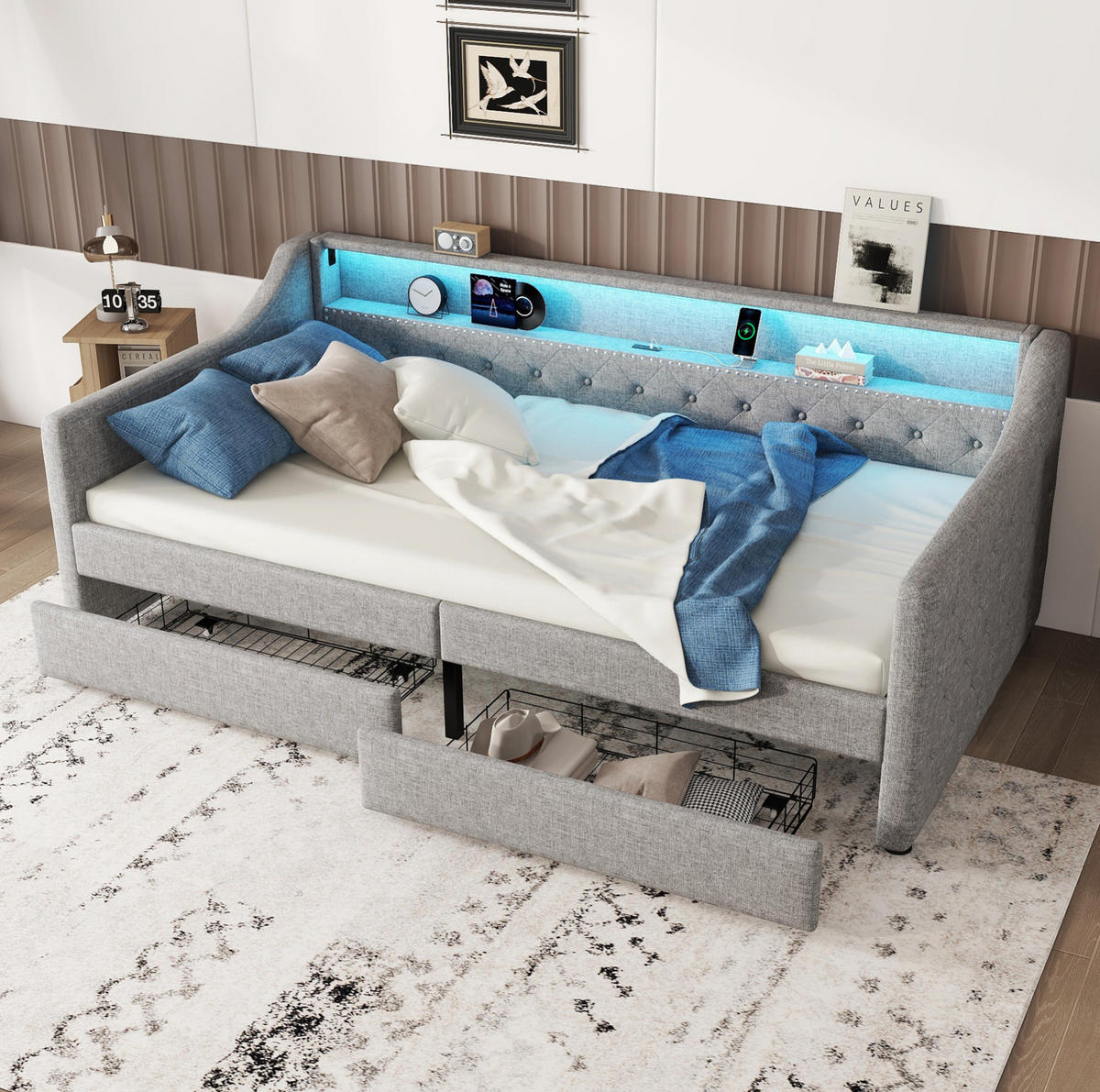 DENNÁ posteľ 90/200 cm sivá z ľanu a MDF s LED osvetlením USB portom a 2 zásuvkami - sivá, textil (90/200cm) - OKWISH