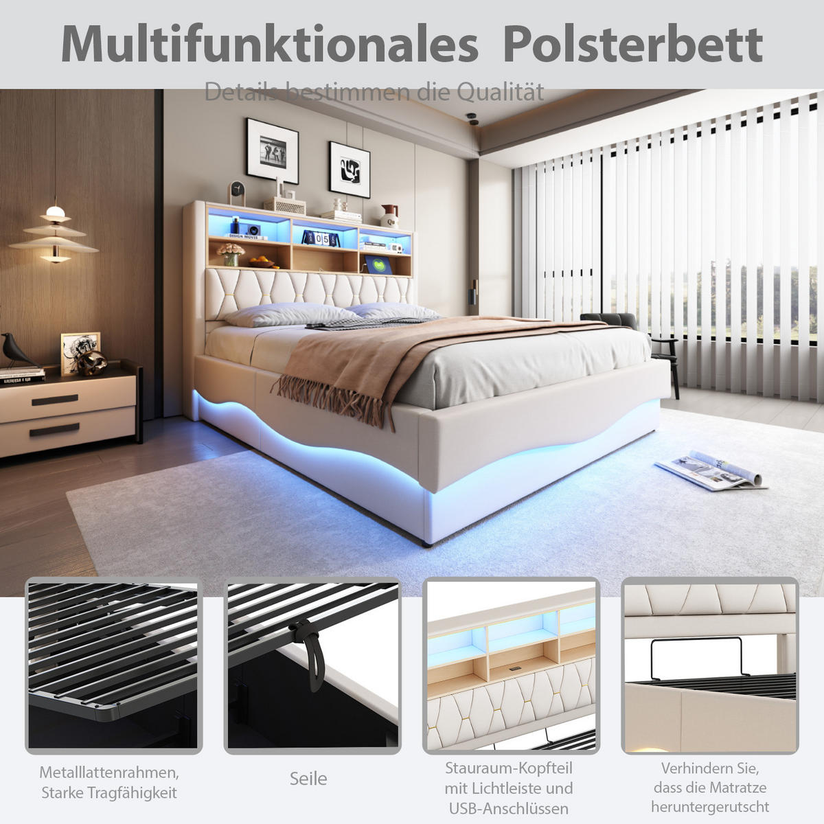 POLSTERBETT 180/200 cm in Beige Leinen mit Bettkasten, LED und USB - Beige, Holzwerkstoff/Textil (180/200cm) - WISHDOR