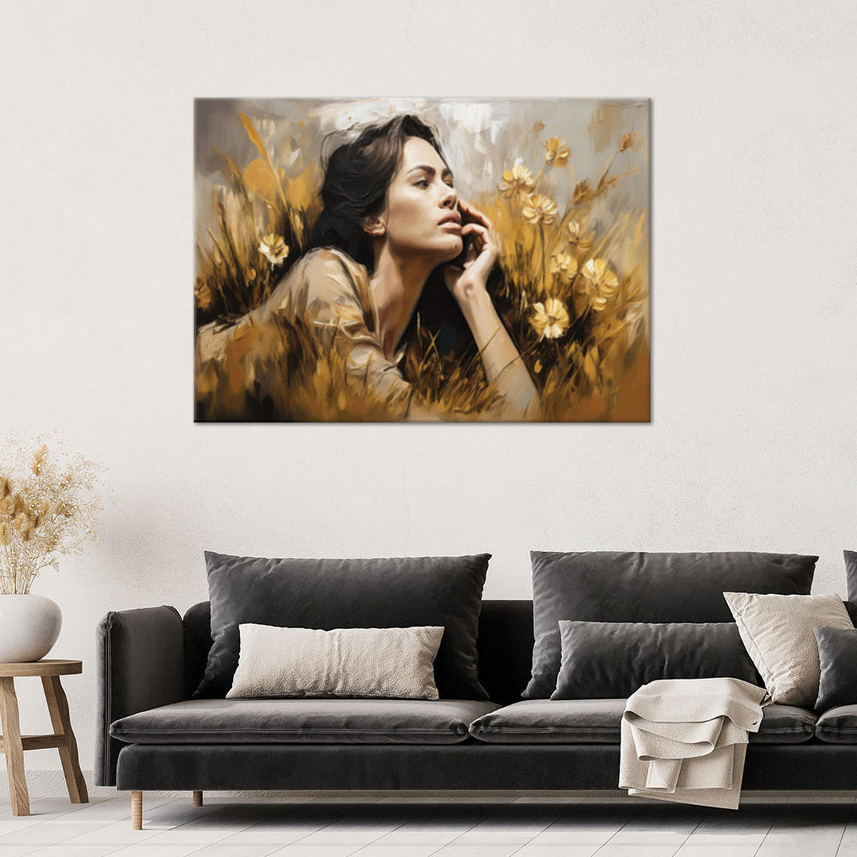 WANDBILD frau liegt auf einer wiese mit goldenen blumen - Goldfarben, Textil (60/40cm) - Feeby