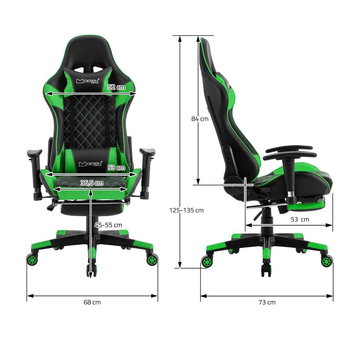 GAMING-STUHL Schwarz-Grün - Grün, Metall (68/135/73cm) - ML-DESIGN
