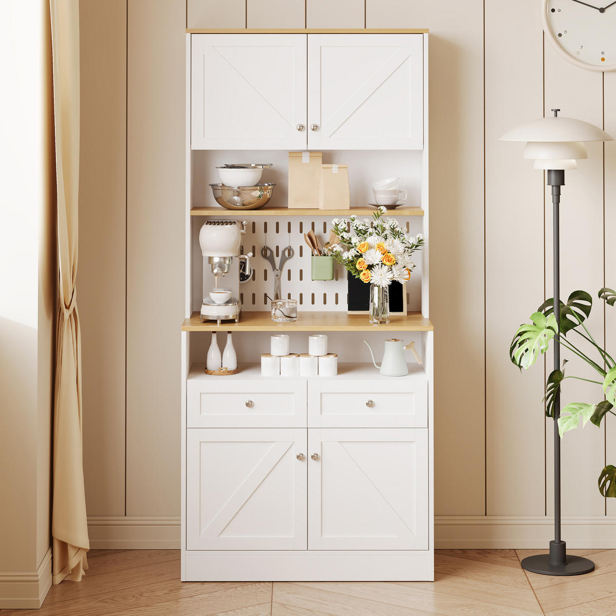 SIDEBOARD 80/40/175 cm Weiß/Natur aus MDF und Spanplatte mit Lochwand - Weiß, Holzwerkstoff (40/175/80cm) - OKMYHOME