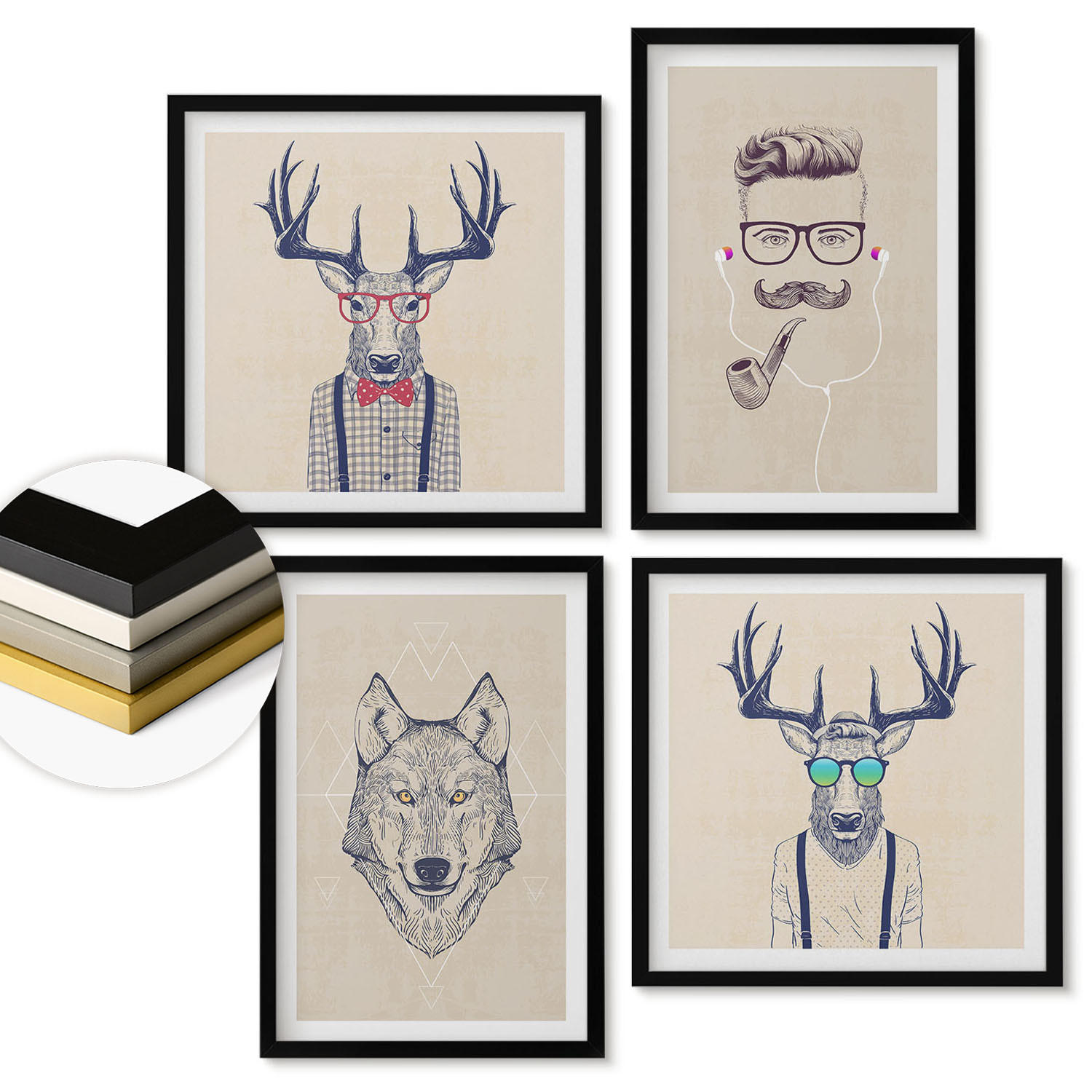 WANDBILDER 4er-Set - 50x50 cm & 40x60 cm Schwarzer Rahmen - Stilvolle Tierporträts - Schwarz, Kunststoff (50/50cm) - ArtPrintCave