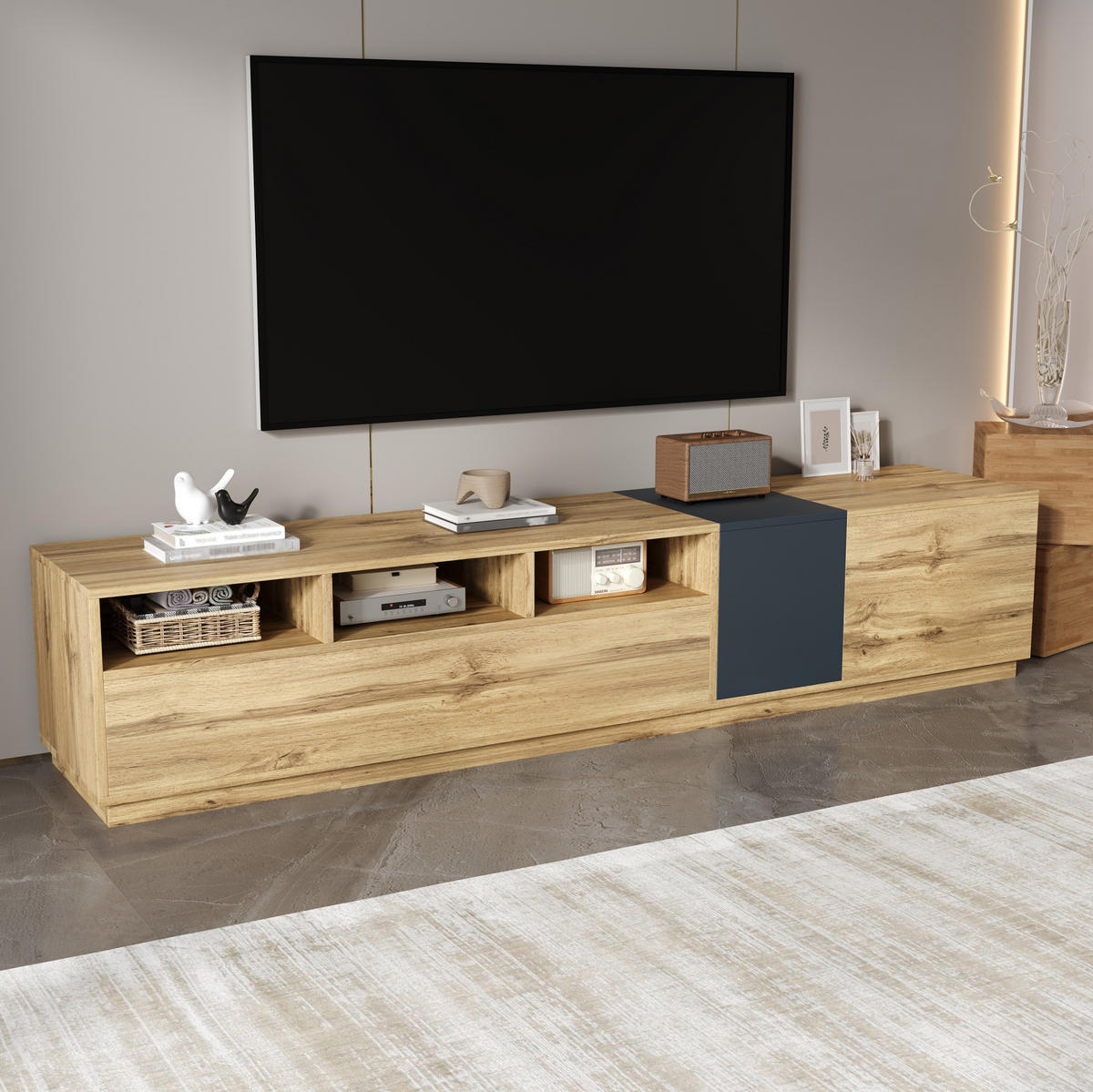 TV-SCHRANK aus Spanplatte 200x45x45 cm Schwarzgrau/Naturfarben mit Kabelöffnungen und Türen im Kontrastdesign - Schwarz, Holzwerkstoff (200/45/45cm) - Modfu