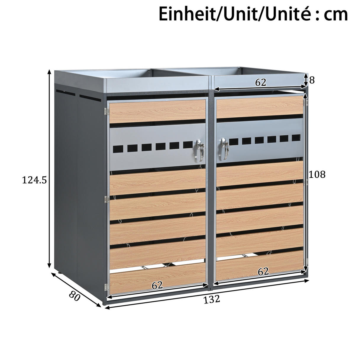 MÜLLTONNENBOX aus Stahl in Grau Holzoptik mit Pflanztrog & Belüftung - Grau, Metall (132/124.5/80cm) - Modfu