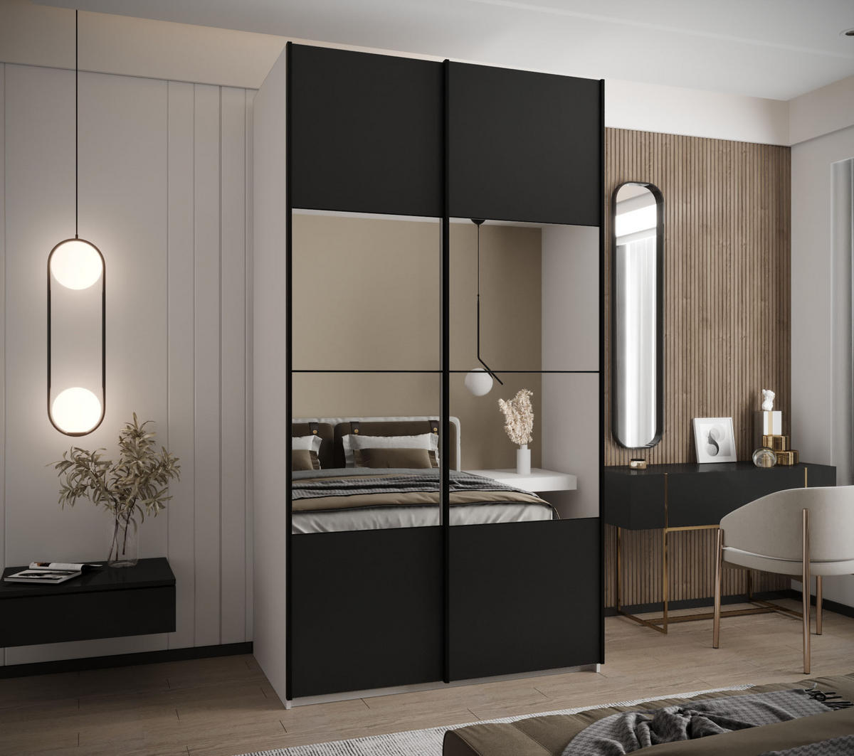 SCHWEBETÜRENSCHRANK 245,5/130/64 2-türig - Schwarz/Weiß, Holz/Metall (130/245/64cm) - Abiks Möbel