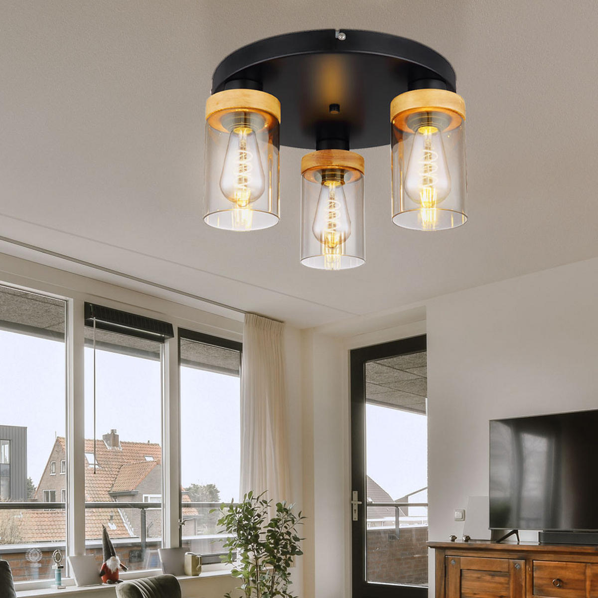 LED DECKENLEUCHTE Metall Glas Schwarz - Schwarz, Holz (39/39/21cm)